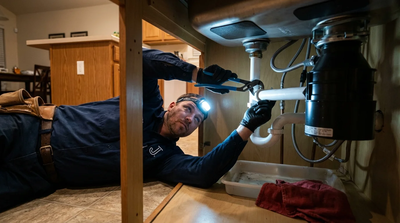 P-trap and supply line connections under a kitchen sink showing a common leak point in Somers, MT